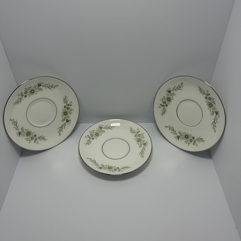 Wedgwood Westbury Saucers Set of 3 Bone China England Green Floral Platinum Rim